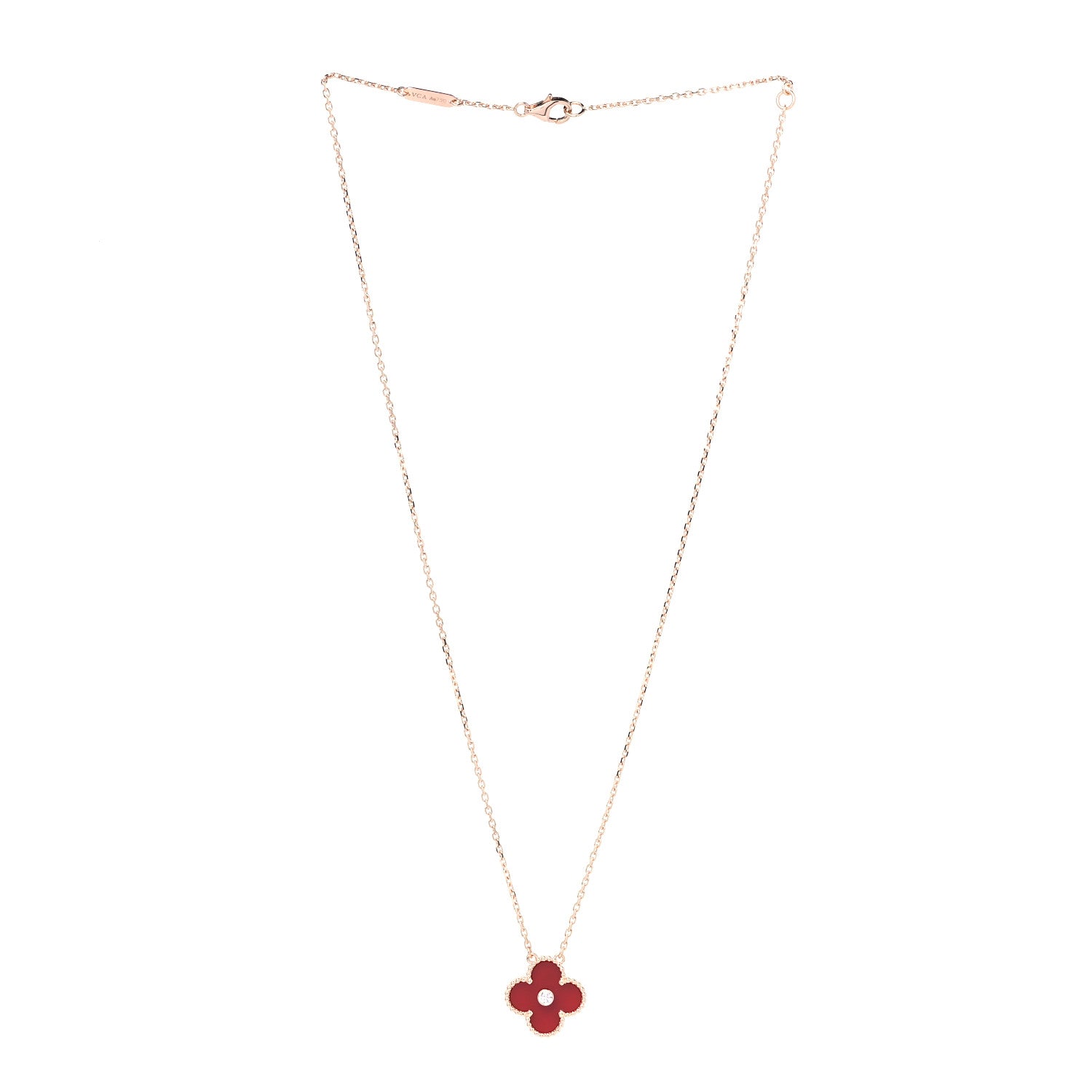 Van Cleef & Arpels 18K Rose Gold Diamond Carnelian Vintage Alhambra Pendant Necklace 2 of 7