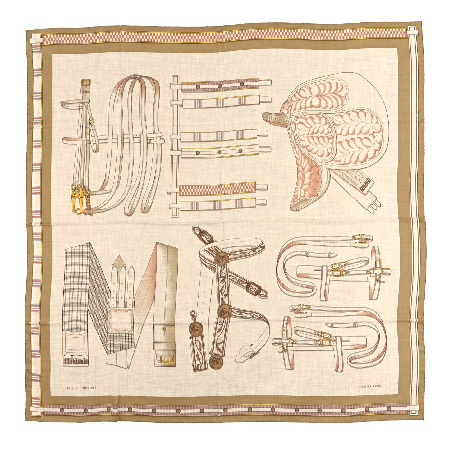 Cashmere Silk Lettres Equestre Scarf 140 Naturel Beige Rose