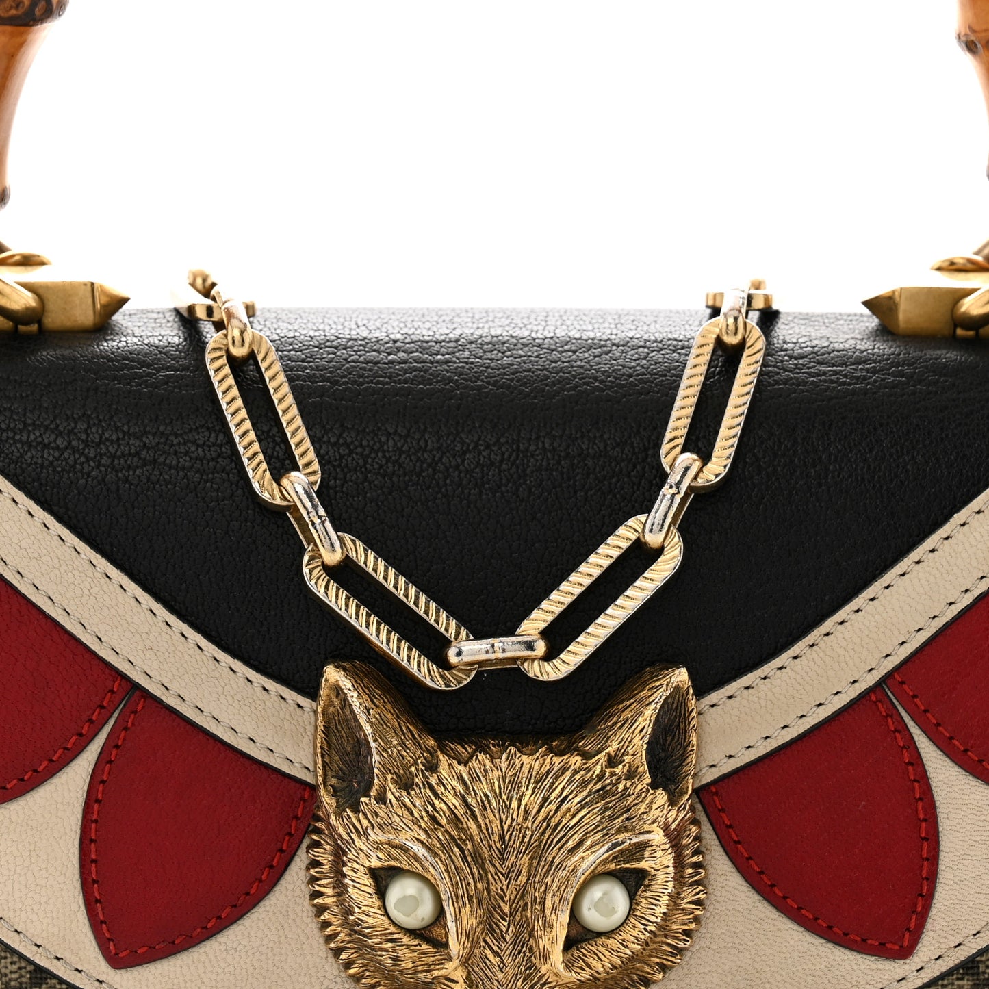 GG Supreme Monogram Goatskin Pearl Mini Fox Broche Bamboo Top Handle Bag Beige Ebony Black Hibiscus Red Mystic White