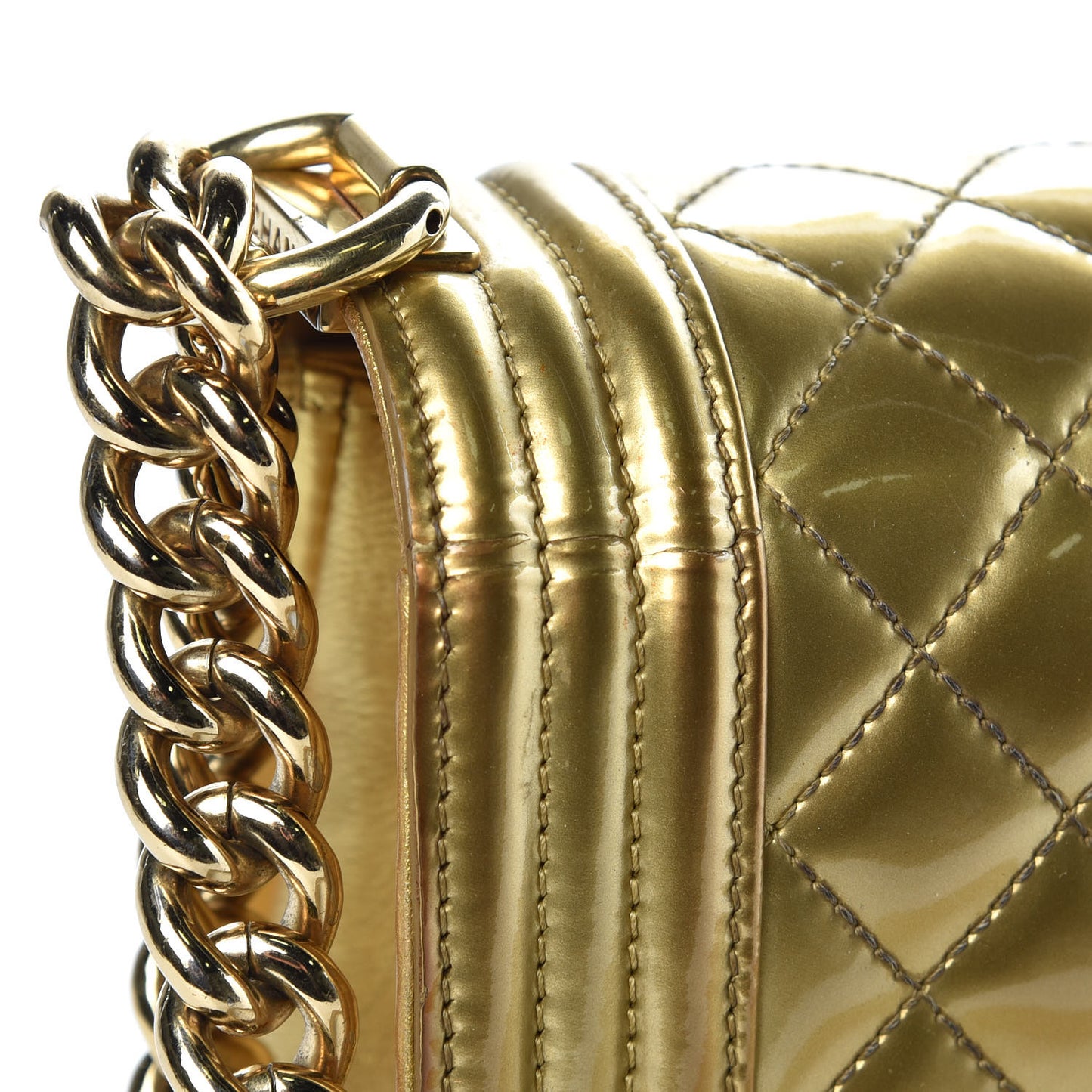 Metallic Patent Calfskin Quilted Medium Boy Flap Gold