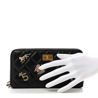 Chanel Aged Calfskin Quilted Lucky Charms 2.55 Reissue Zip Around Wallet Black 2 of 9