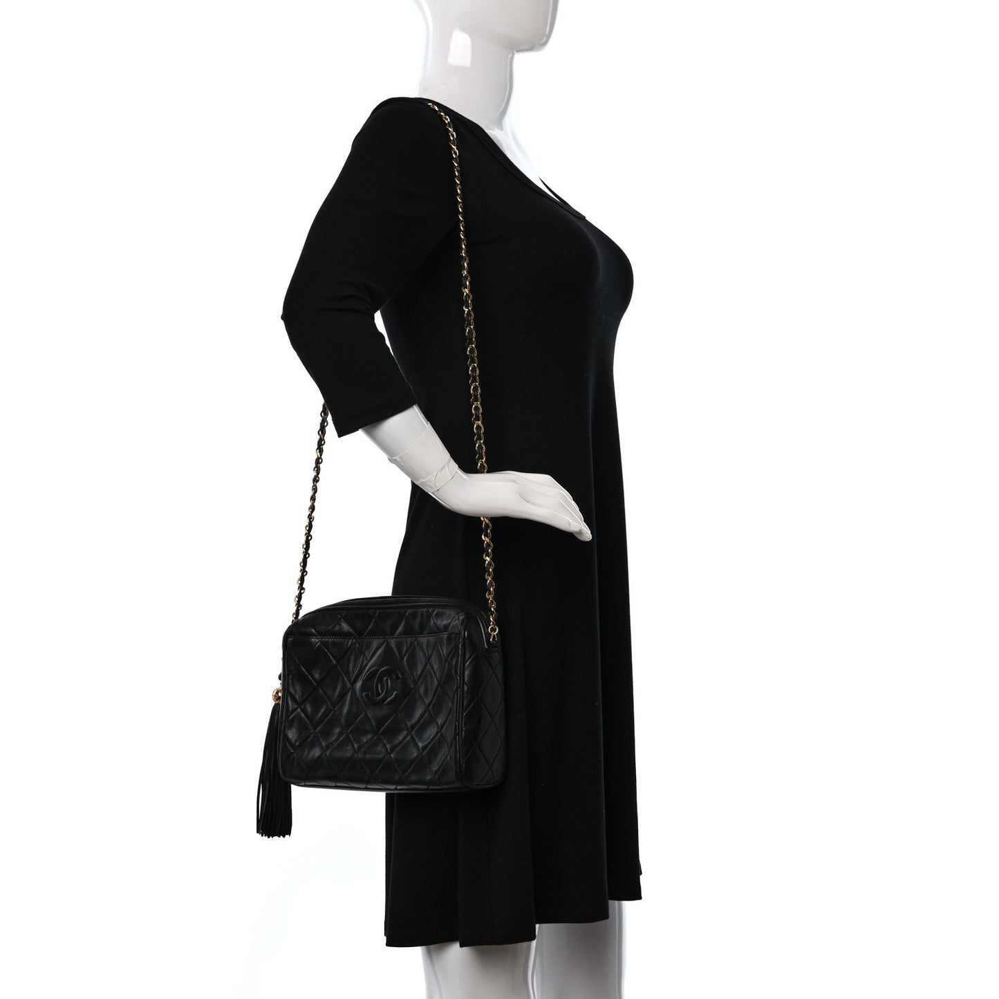 Lambskin Quilted CC Tassel Camera Case Black