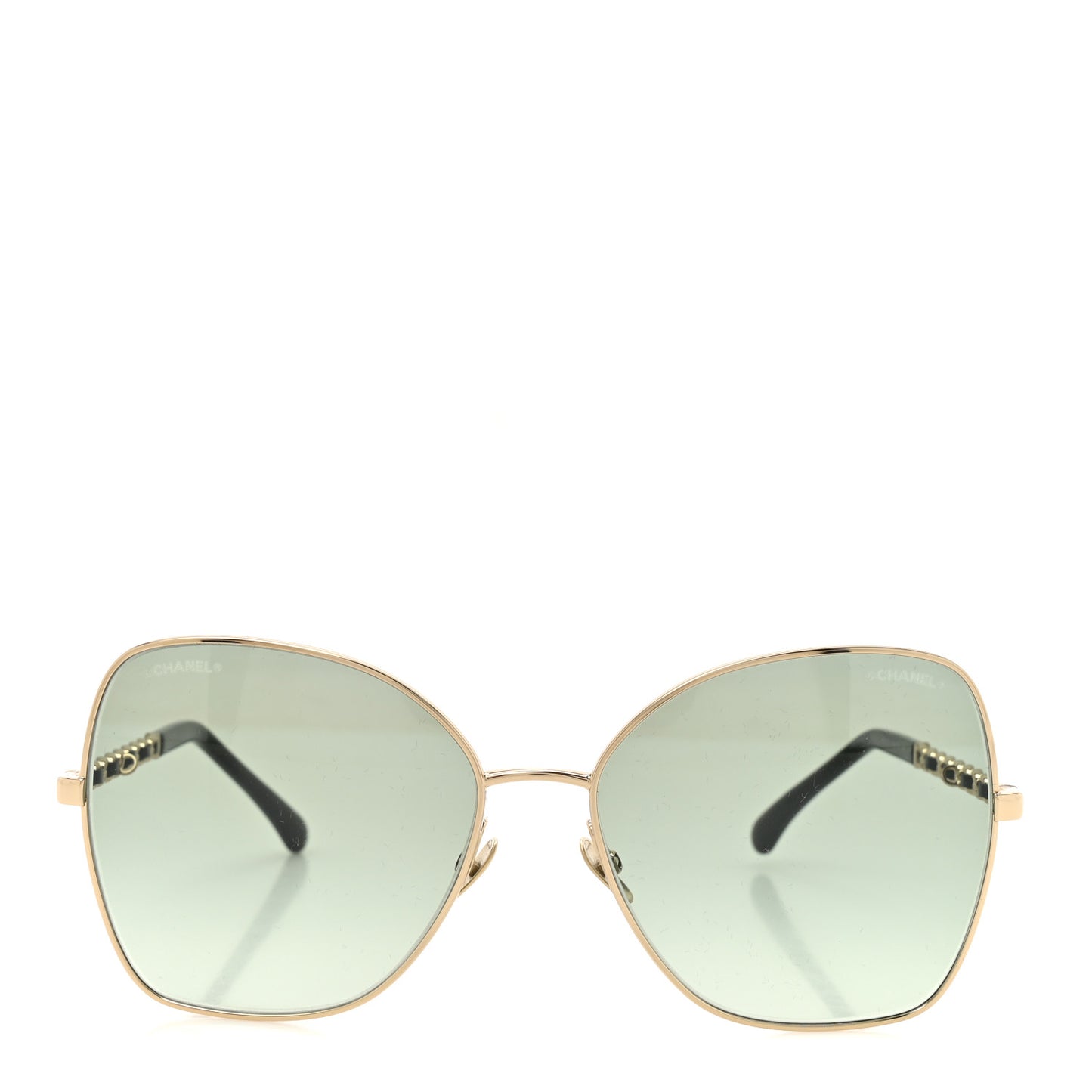 Metal Calfskin Butterfly Pearl Chain Sunglasses 4274Q Gold Green