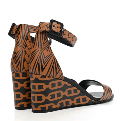 Hermes Calfskin Printed Acapulco Wedge Sandals 38.5 Black Naturel 4 of 10