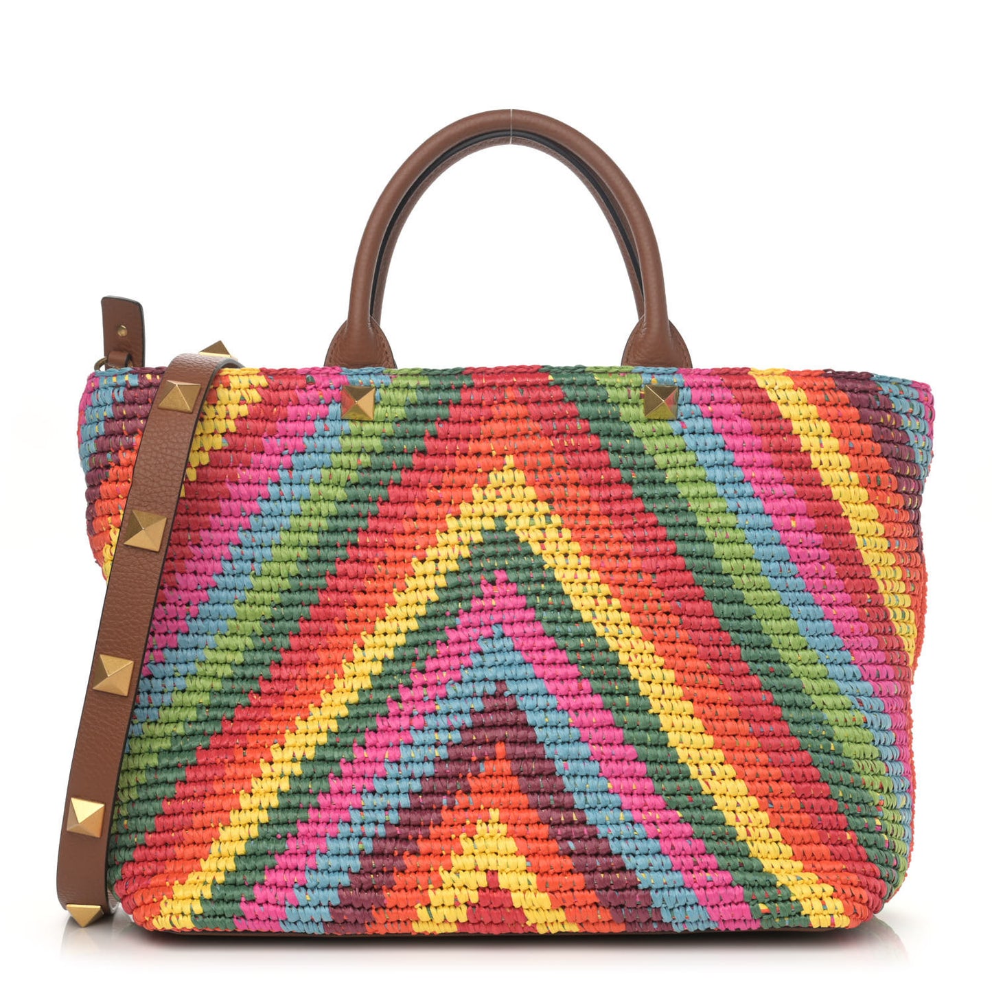 Raffia Calfskin Rockstud Summer Tote Multicolor
