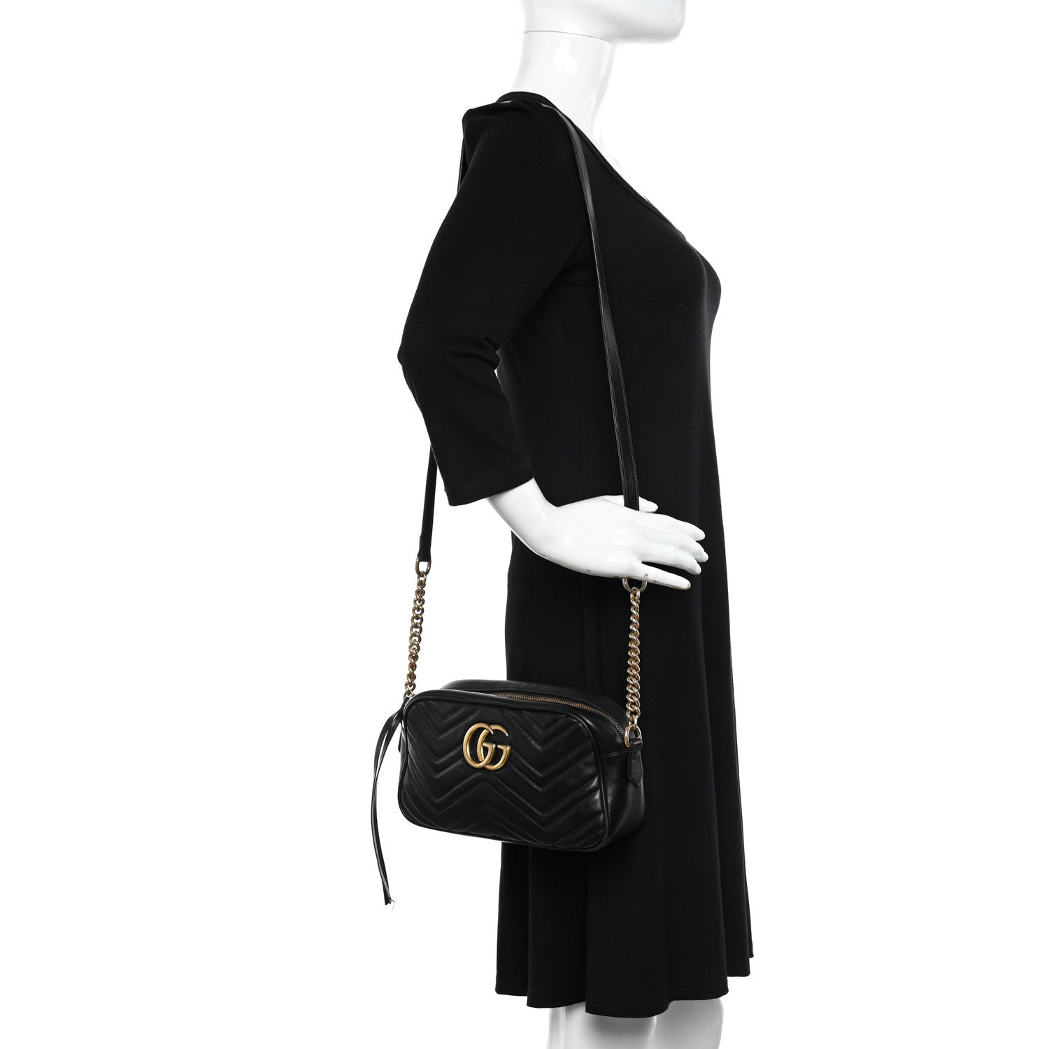 Gucci Calfskin Matelasse Small GG Marmont Chain Shoulder Bag Black 2 of 15