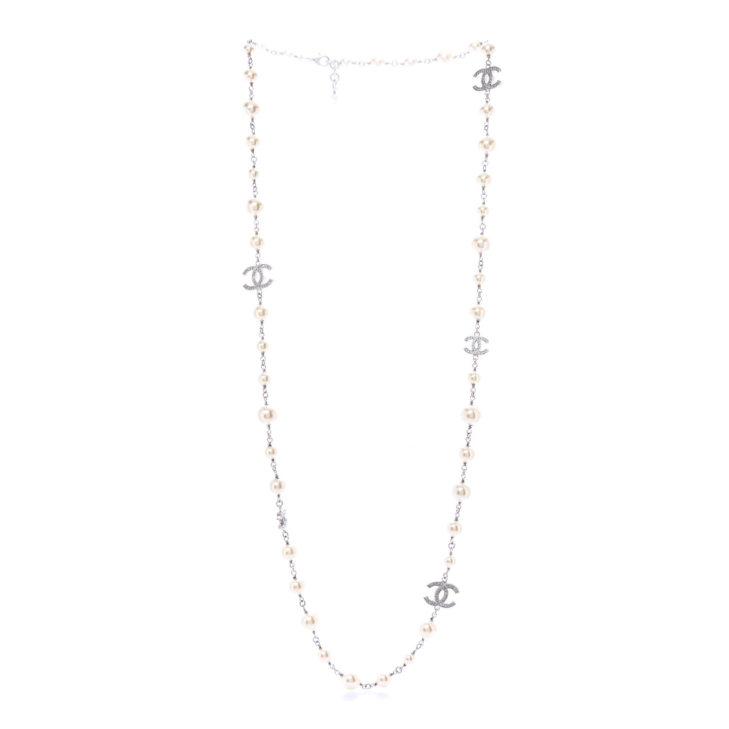 Graduated Pearl Crystal CC Long Necklace Silver