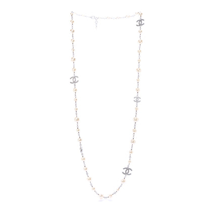 Chanel Graduated Pearl Crystal CC Long Necklace Silver 3 of 7