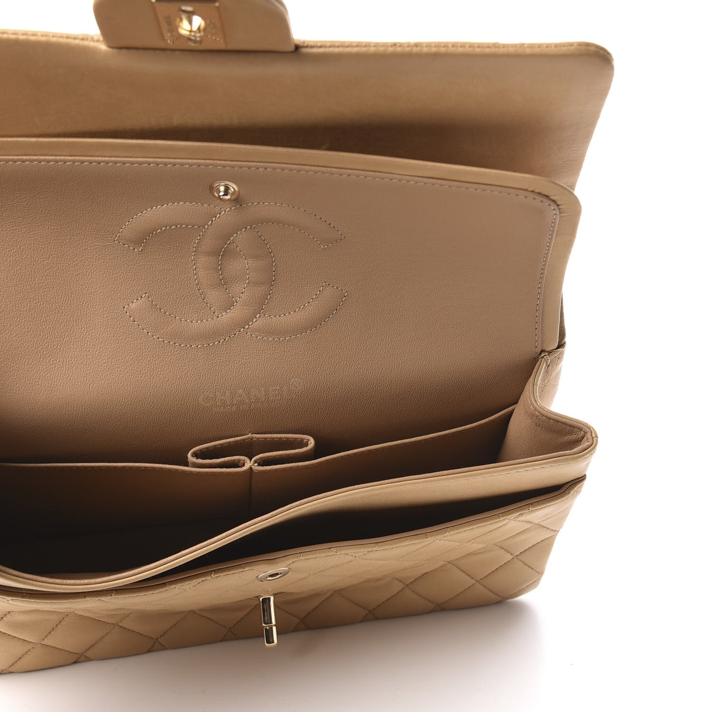 Lambskin Quilted Medium Double Flap Beige