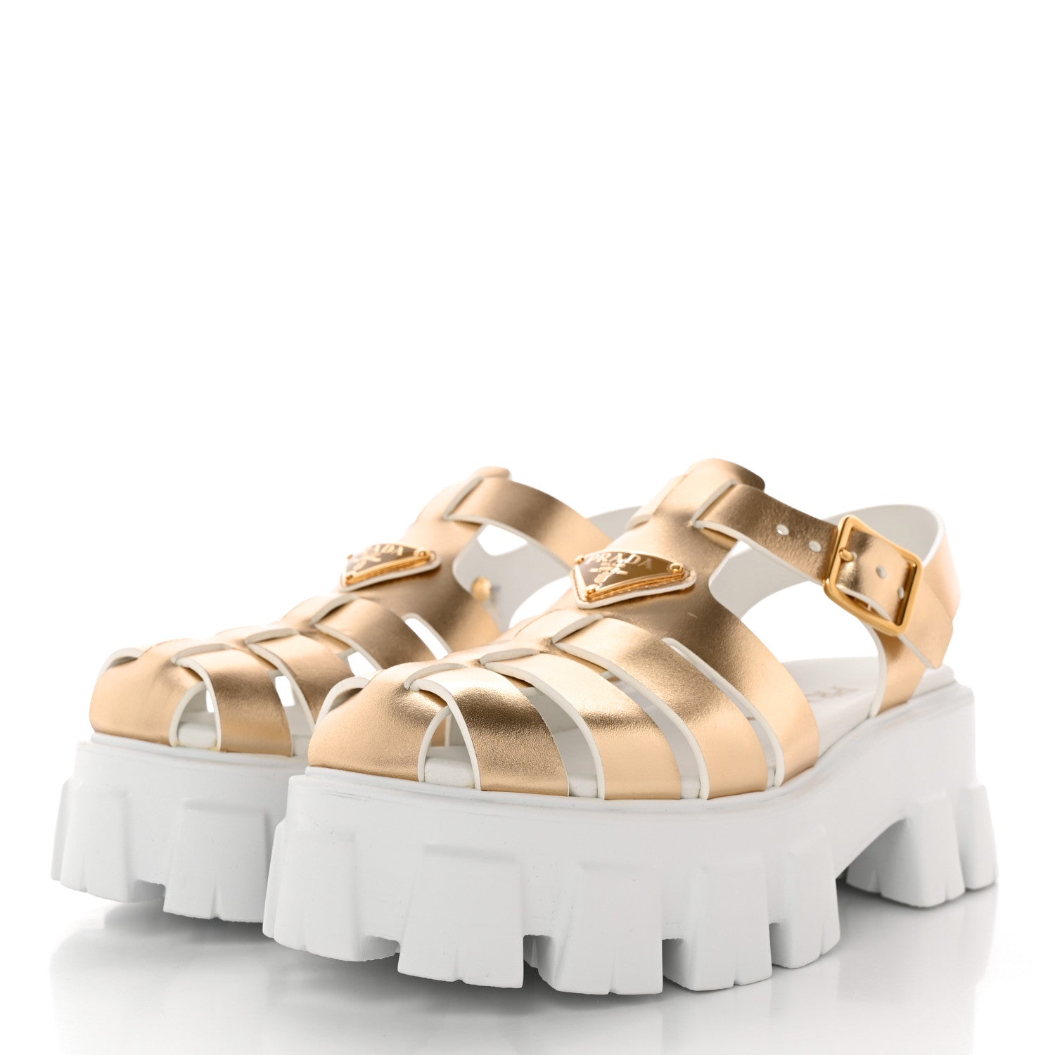 Prada Vitello Metal Triangle Logo Monolith 55mm Cage Sandals 37 Platino 3 of 12