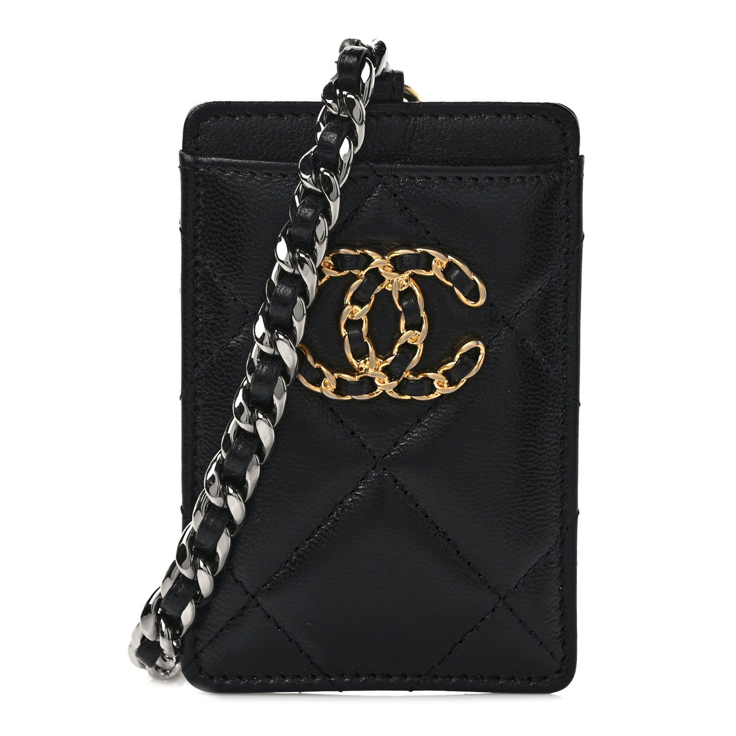 Shiny Goatskin Quilted Chanel 19 Card Holder On Chain Black
