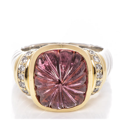 David Yurman Sterling Silver 18K Gold Diamond Carved Tourmaline 14mm Ring 59.5 9 1 of 4