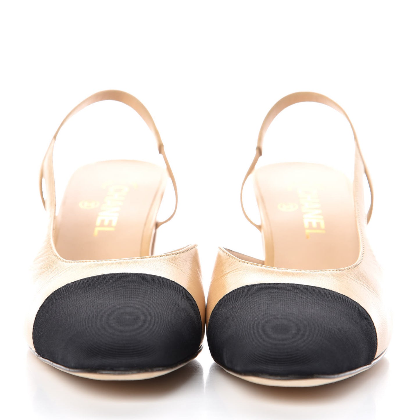 Goatskin Grosgrain Cap Toe CC Slingback Pumps 39 Beige Black