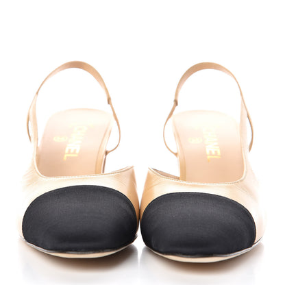 Chanel Goatskin Grosgrain Cap Toe CC Slingback Pumps 39 Beige Black 2 of 10