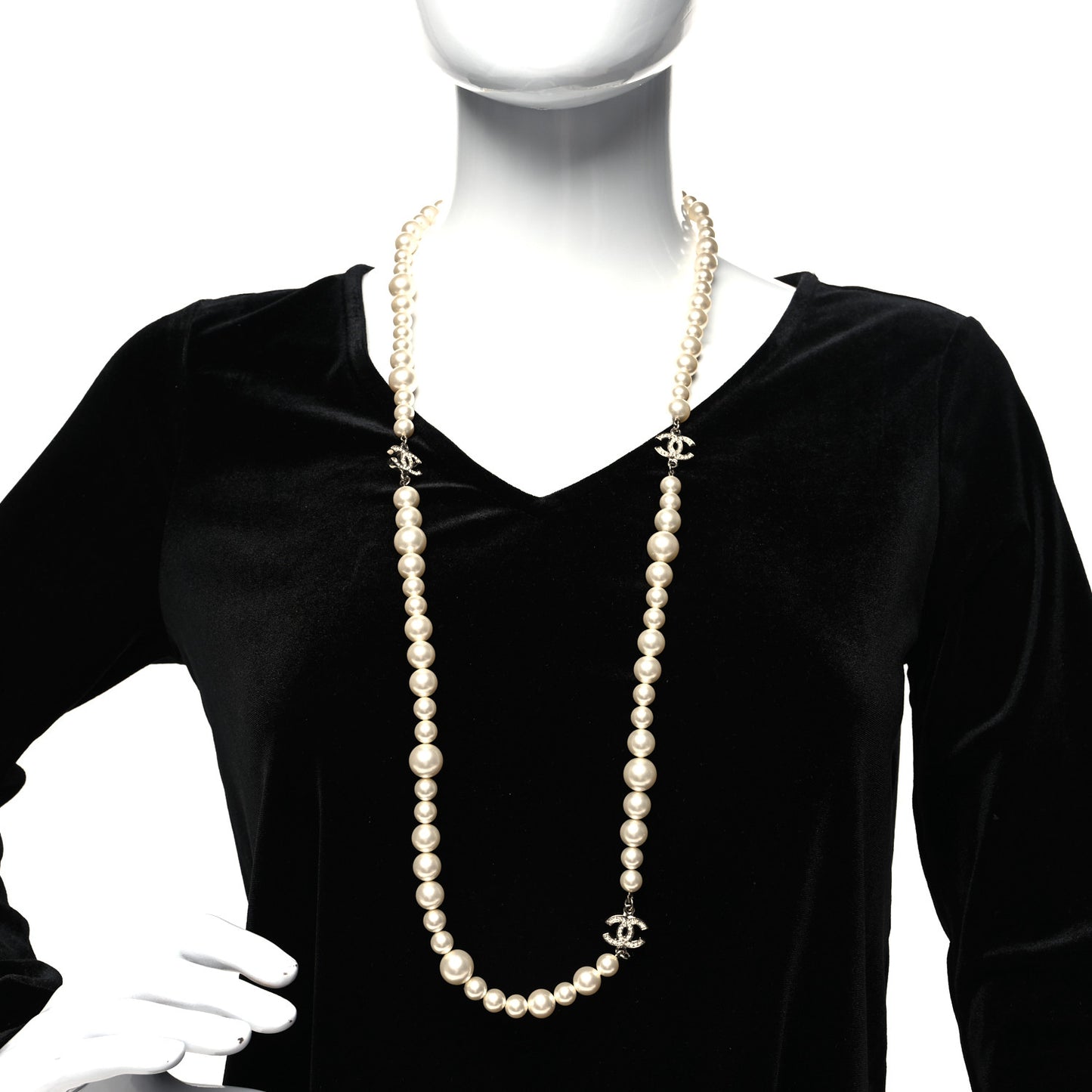 Graduated Pearl Crystal CC Long Necklace White