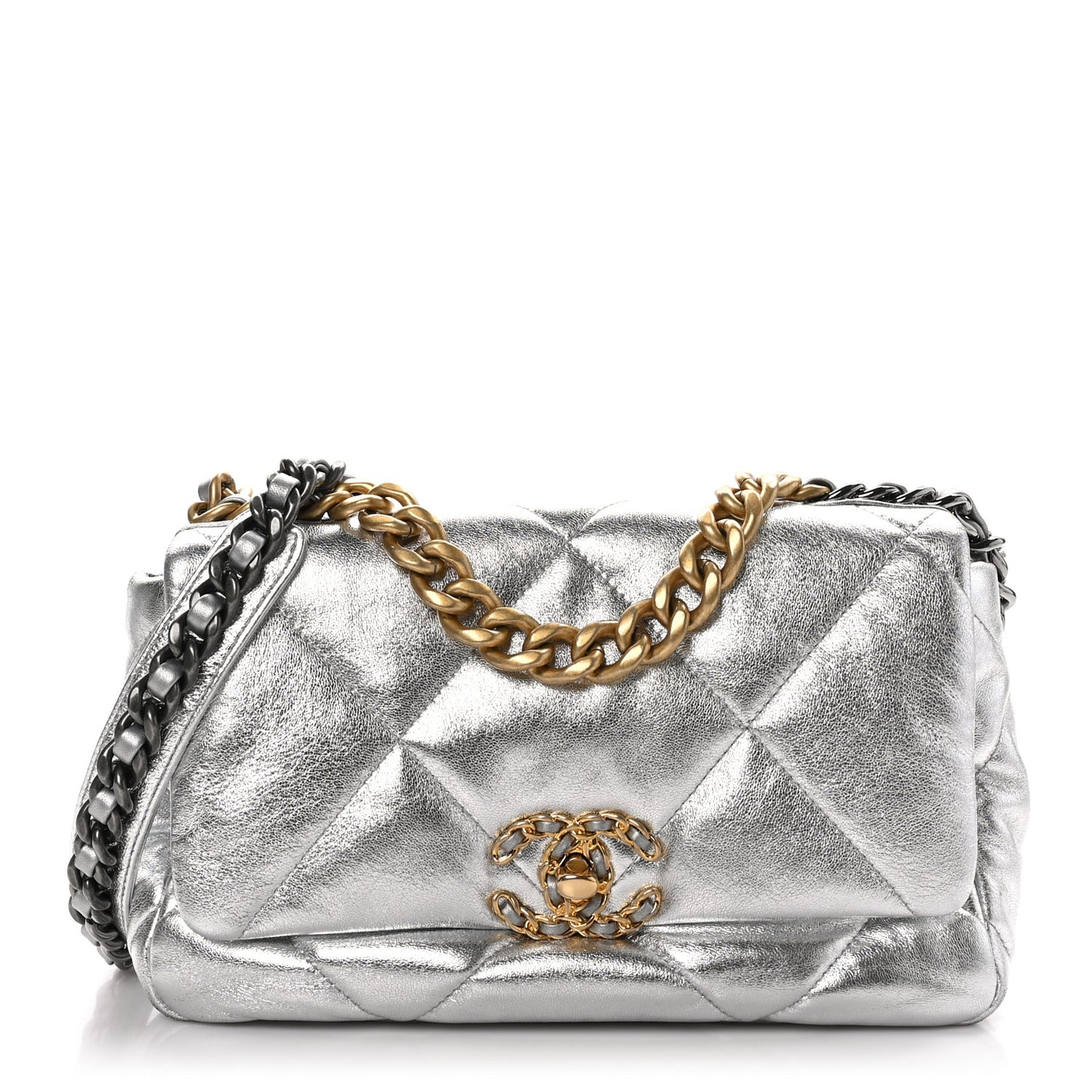Metallic Goatskin Quilted Medium Chanel 19 Flap Silver