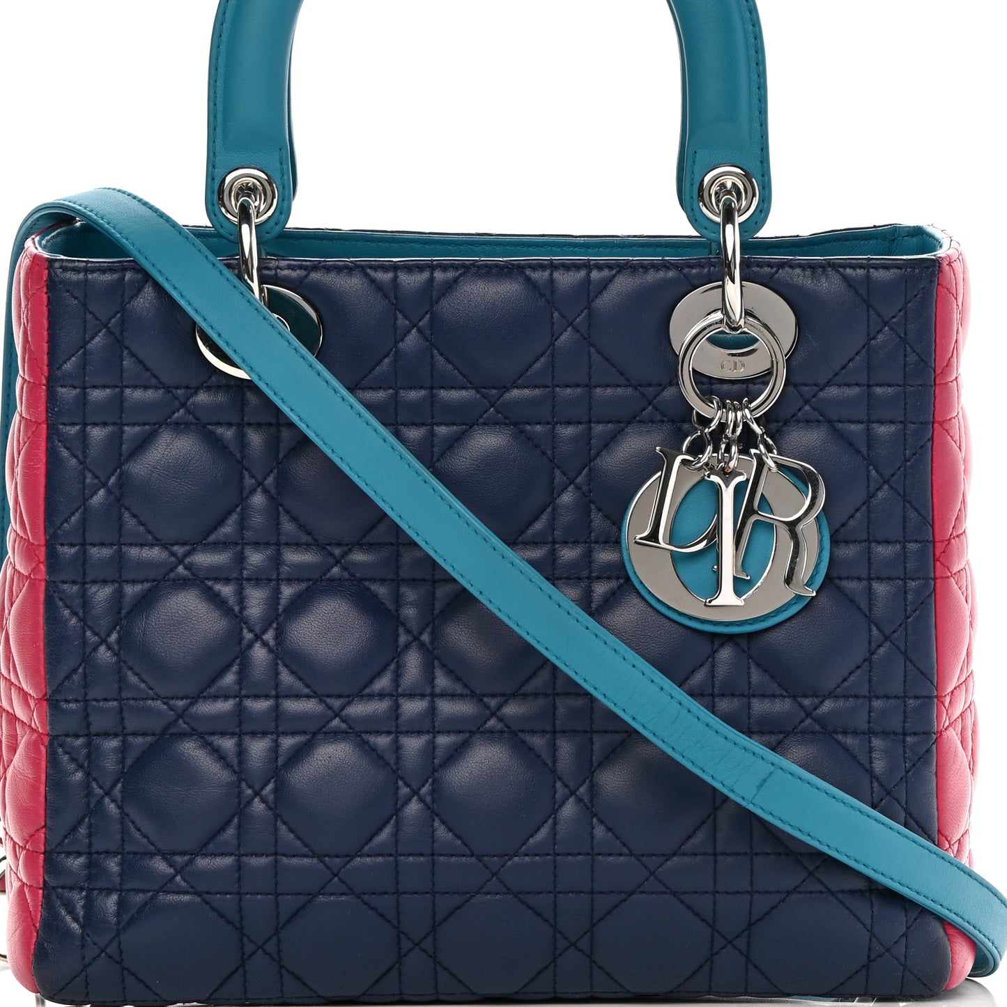 Lambskin Cannage Medium Tri-Color Lady Dior Sapphire Fuchsia Turquoise