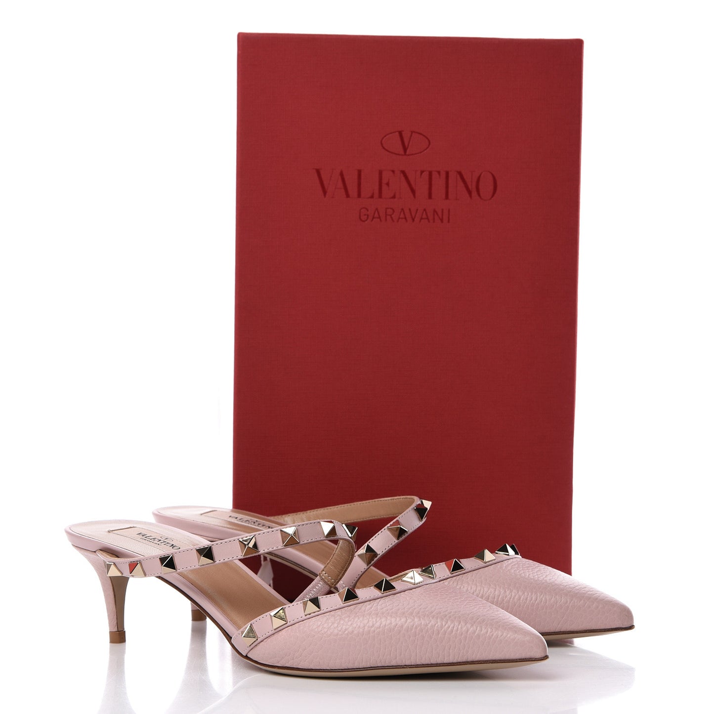 Pebbled Calfskin Rockstud Cross Strap 50mm Mules 39 Water Rose