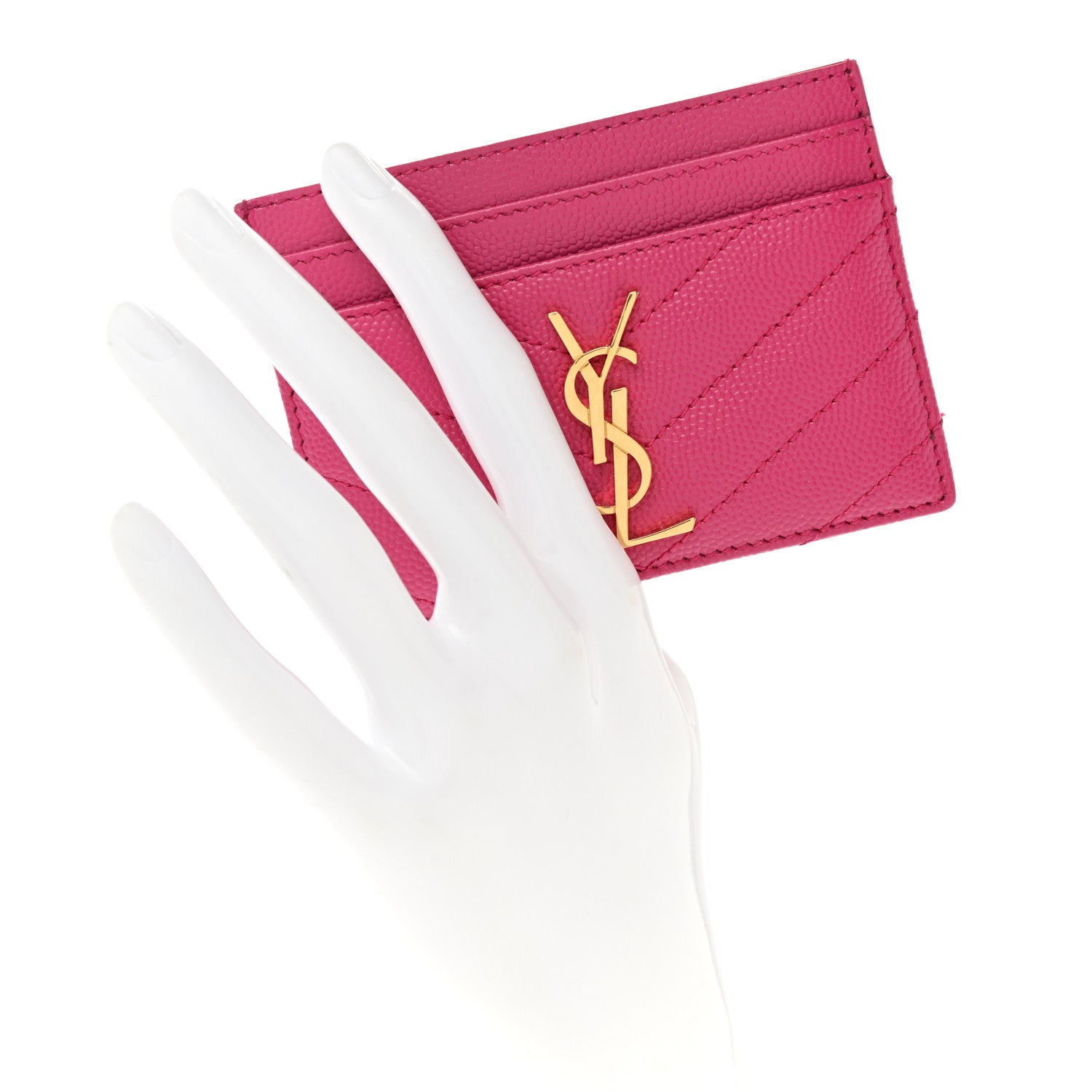 Saint Laurent Grain De Poudre Matelasse Chevron Monogram Credit Card Case Fresh Fuxia 2 of 9
