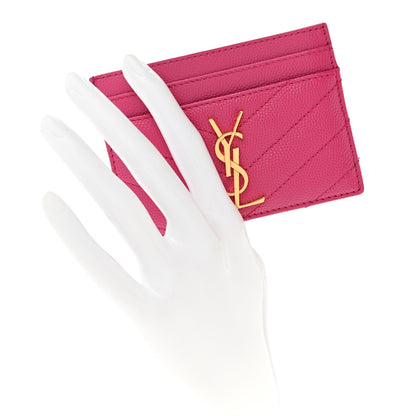 Saint Laurent Grain De Poudre Matelasse Chevron Monogram Credit Card Case Fresh Fuxia 2 of 9