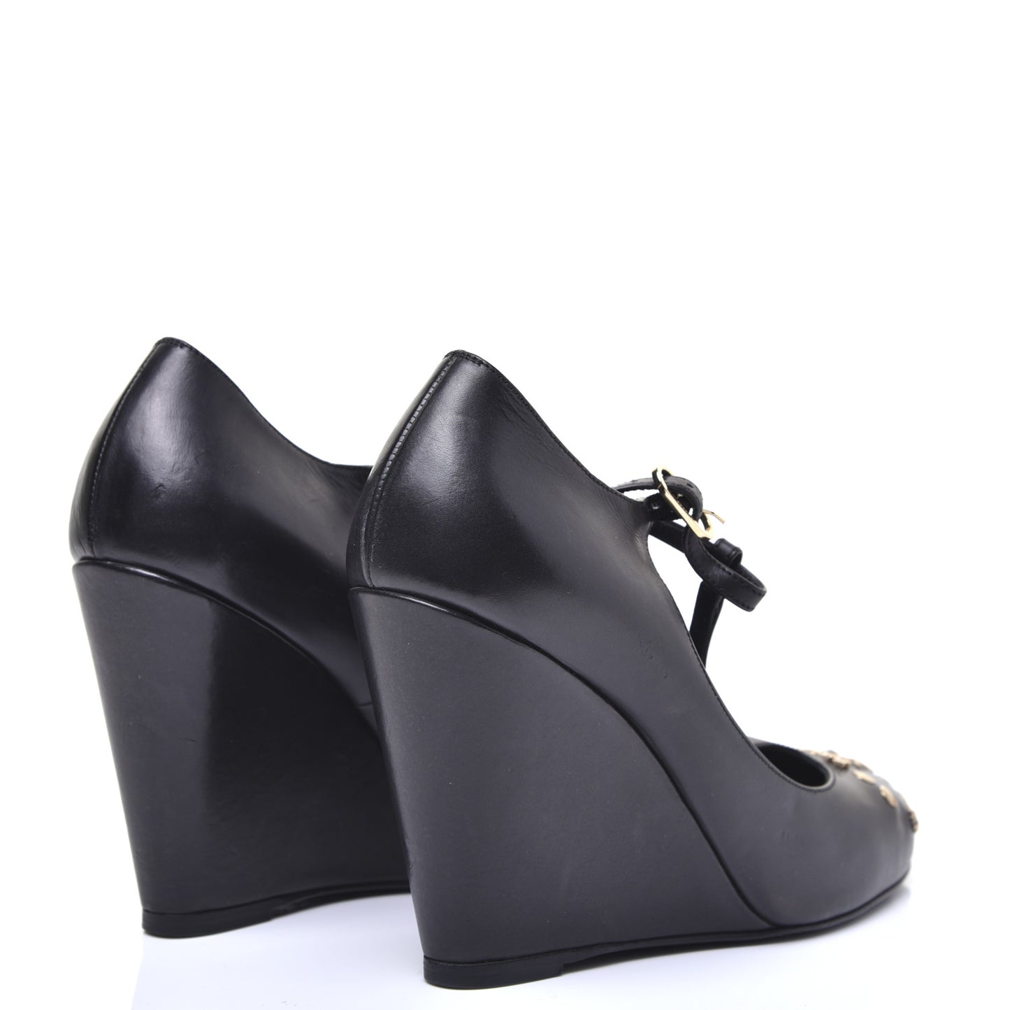 Lambskin Studded CC T-Strap Wedges 38 Black