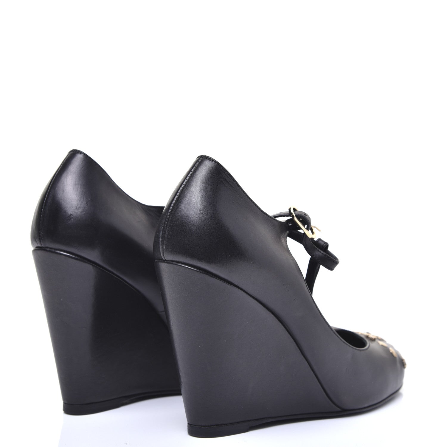 Chanel Lambskin Studded CC T-Strap Wedges 38 Black 3 of 12