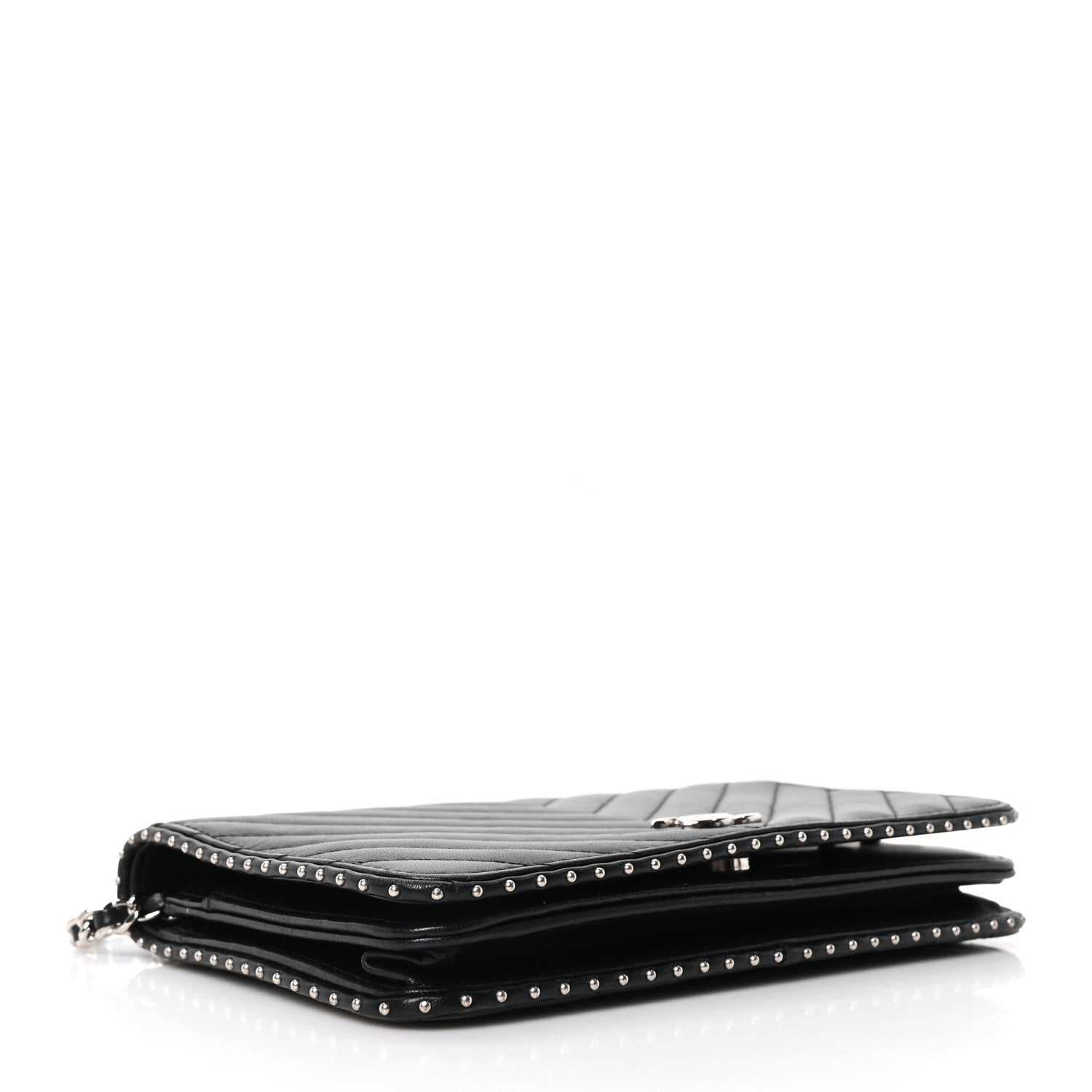 Chanel Lambskin Chevron Quilted Studded Wallet On Chain WOC Black 4 of 11
