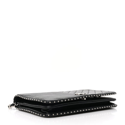 Chanel Lambskin Chevron Quilted Studded Wallet On Chain WOC Black 4 of 11