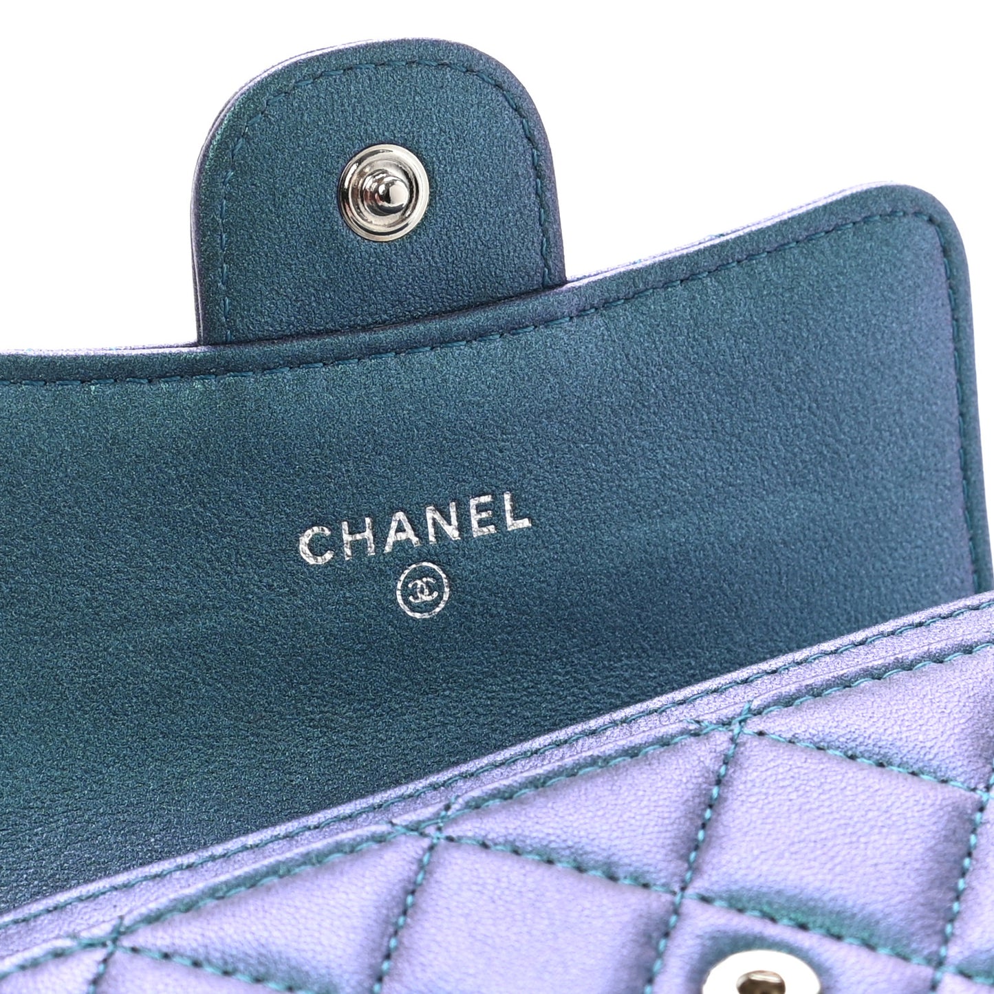 Iridescent Lambskin Quilted Flap Card Holder Turquoise
