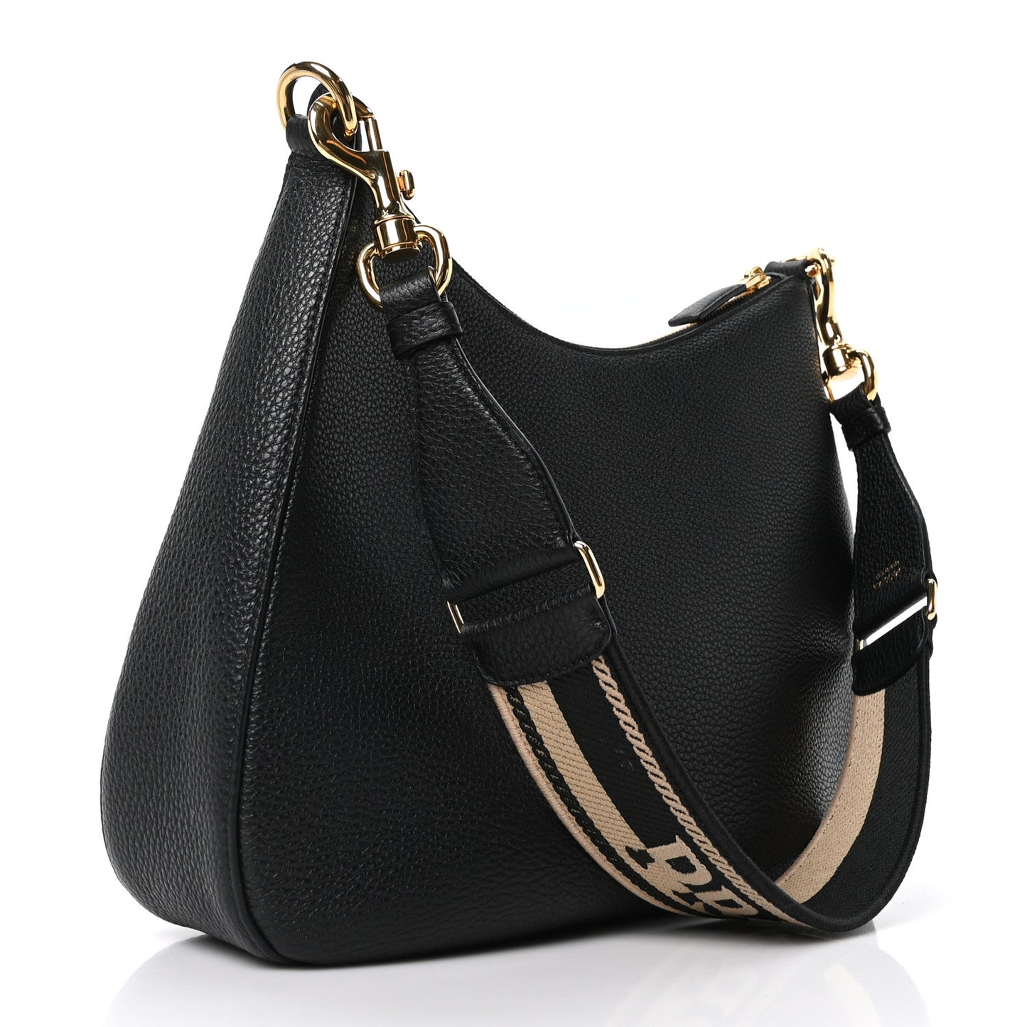 Vitello Daino Soft Zippered Hobo Shoulder Bag Black