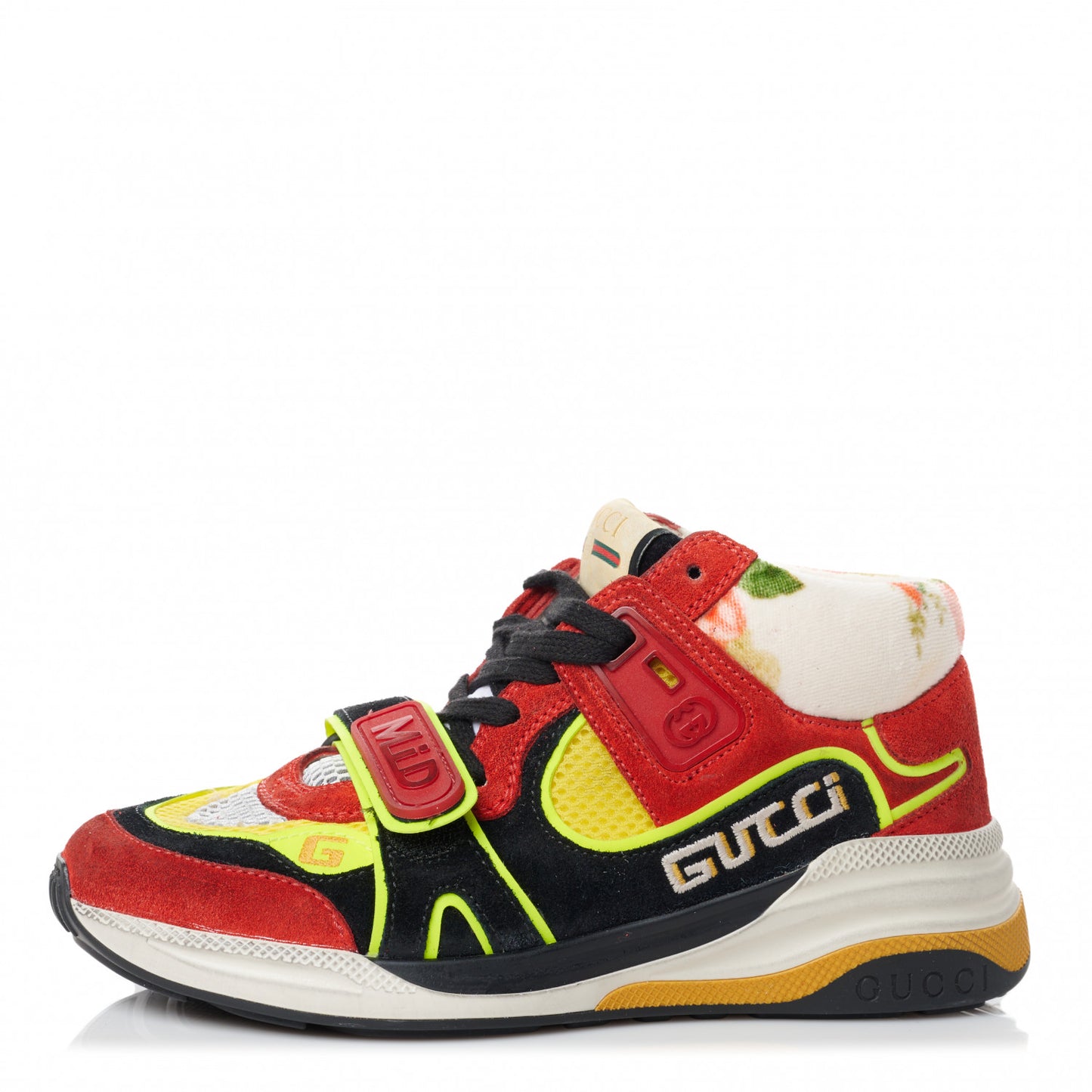 Suede Calfskin Womens Ultrapace Mid Top Sneakers 34.5 Hibiscus Red Black Neon Yellow Yolk