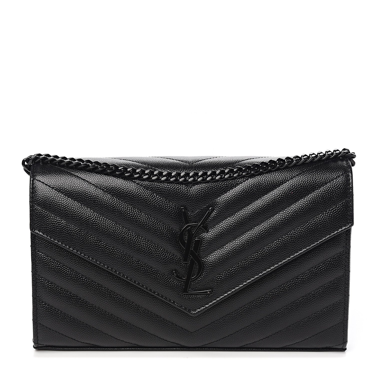 Saint Laurent Grain De Poudre Matelasse Chevron Monogram Chain Wallet Black 1 of 8