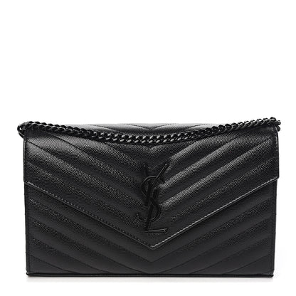 Saint Laurent Grain De Poudre Matelasse Chevron Monogram Chain Wallet Black 1 of 8