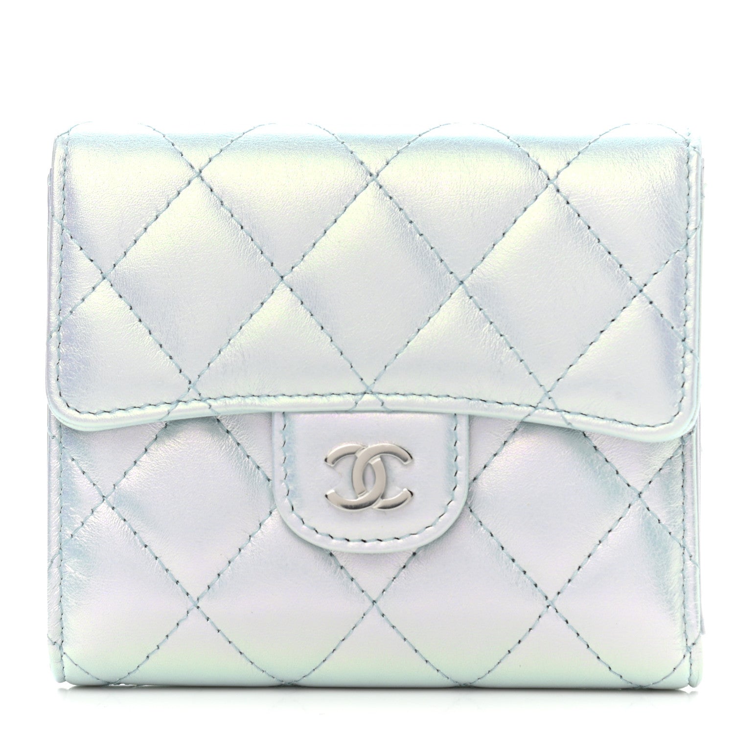 Chanel Iridescent Calfskin Quilted Compact Flap Wallet Light Blue 1 of 8