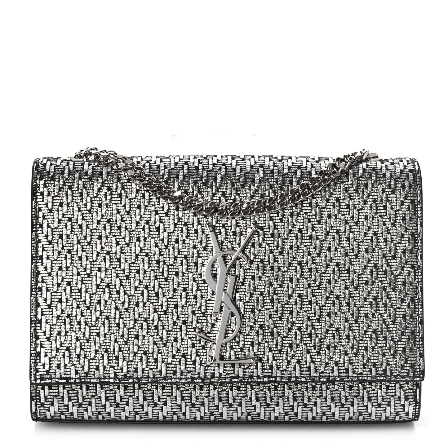 Metallic Calfskin Chevron Small Monogram Kate Satchel Black Argento