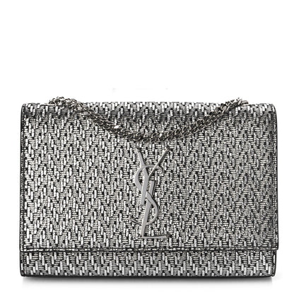 Saint Laurent Metallic Calfskin Chevron Small Monogram Kate Satchel Black Argento 1 of 9