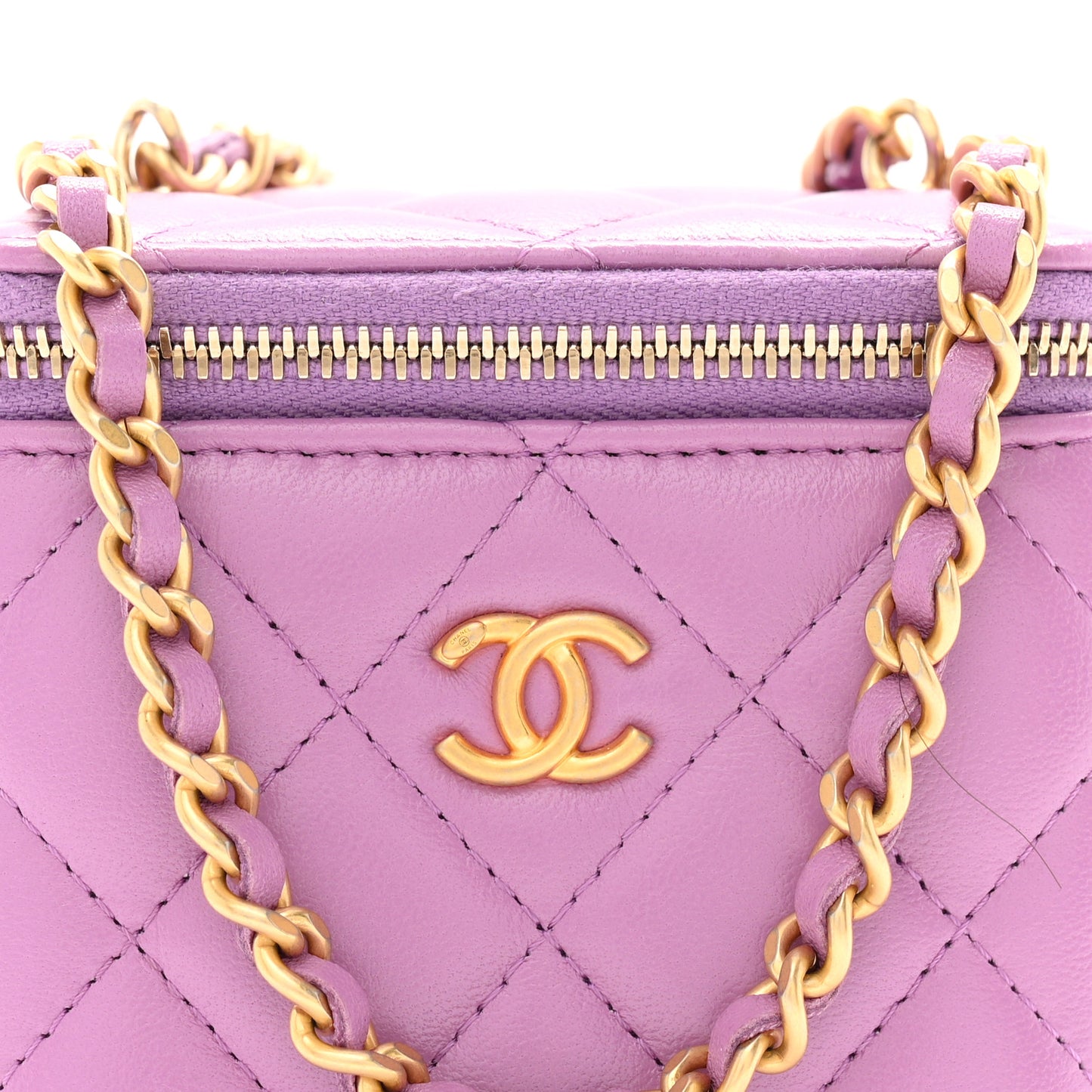 Lambskin Quilted Pearl Crush Mini Vanity Case With Chain Purple