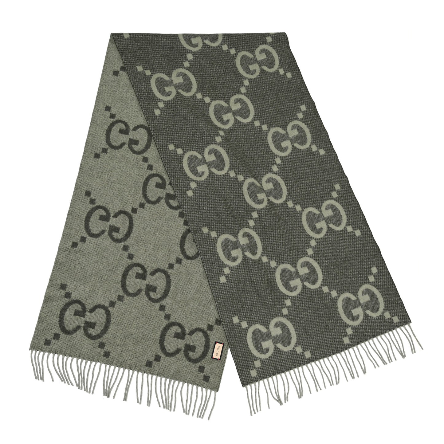 Cashmere Monogram Jumbo GG Canvy Fringe Scarf Green Grey