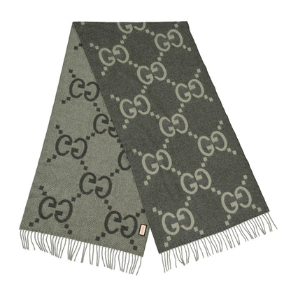 Gucci Cashmere Monogram Jumbo GG Canvy Fringe Scarf Green Grey 2 of 3