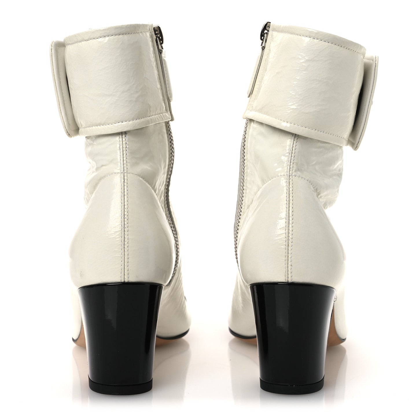 Crumpled Patent Calfskin Cap Toe CC Turnlock Ankle Short Boots 37.5 Ivory Black