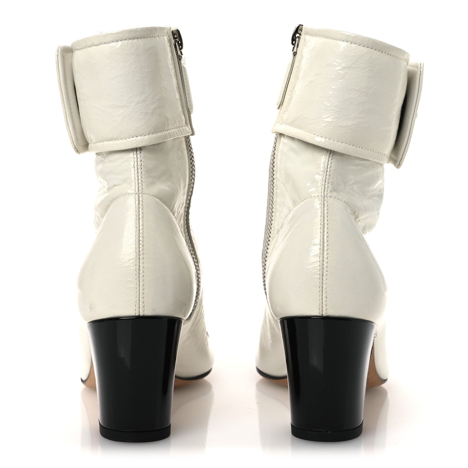 Chanel Crumpled Patent Calfskin Cap Toe CC Turnlock Ankle Short Boots 37.5 Ivory Black 6 of 15
