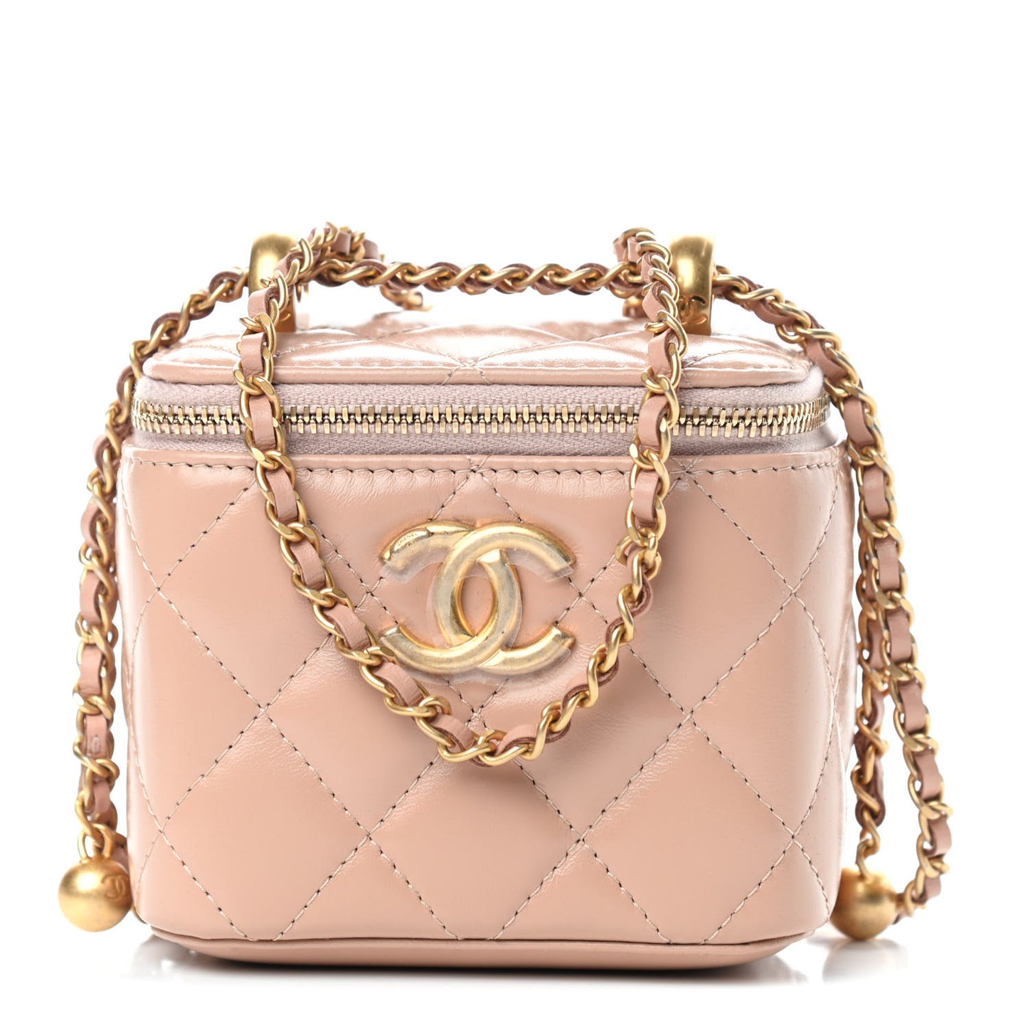 Calfskin Quilted Mini Perfect Fit Vanity Case With Chain Beige