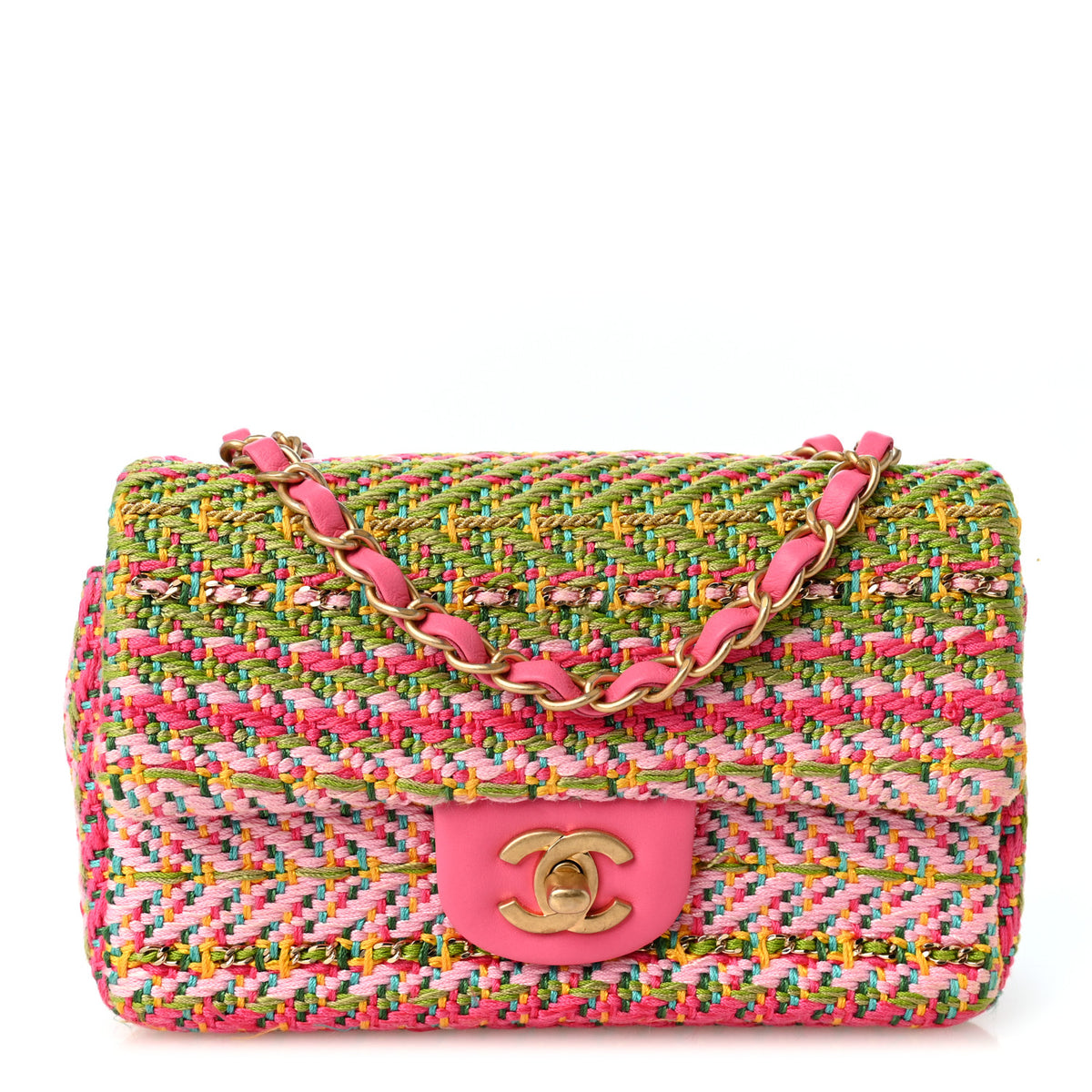 Chanel Cotton Mixed Fibers Woven Mini Rectangular Flap Pink Green 1 of 12