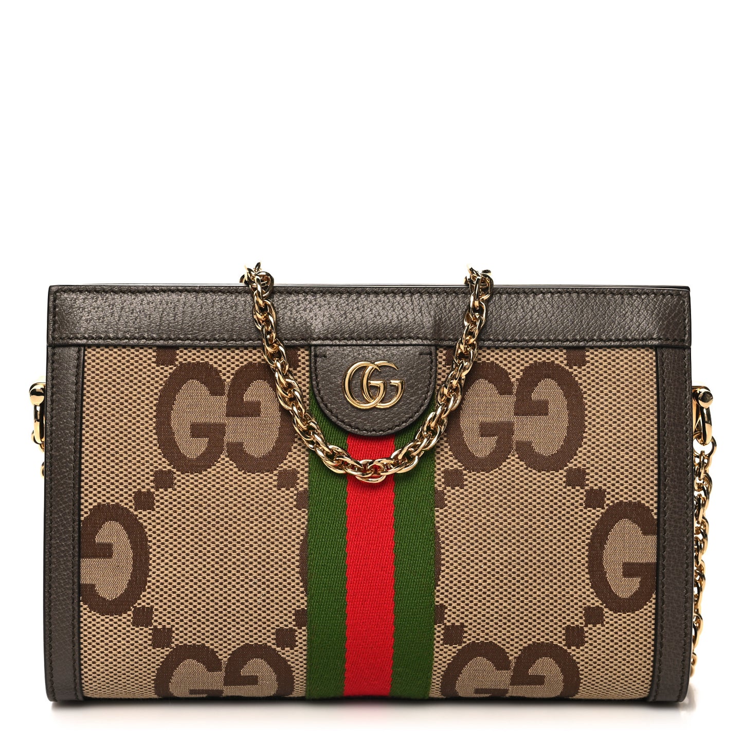 Monogram Jumbo GG Textured Dollar Calfskin Web Small Ophidia Chain Shoulder Bag Camel Ebony New Acero