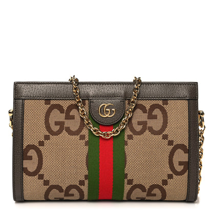 Gucci Monogram Jumbo GG Textured Dollar Calfskin Web Small Ophidia Chain Shoulder Bag Camel Ebony New Acero 1 of 10