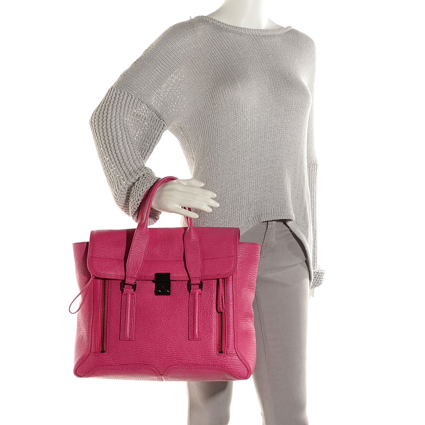3.1 Textured Calfskin Large Pashli Satchel Bright Fuchsia