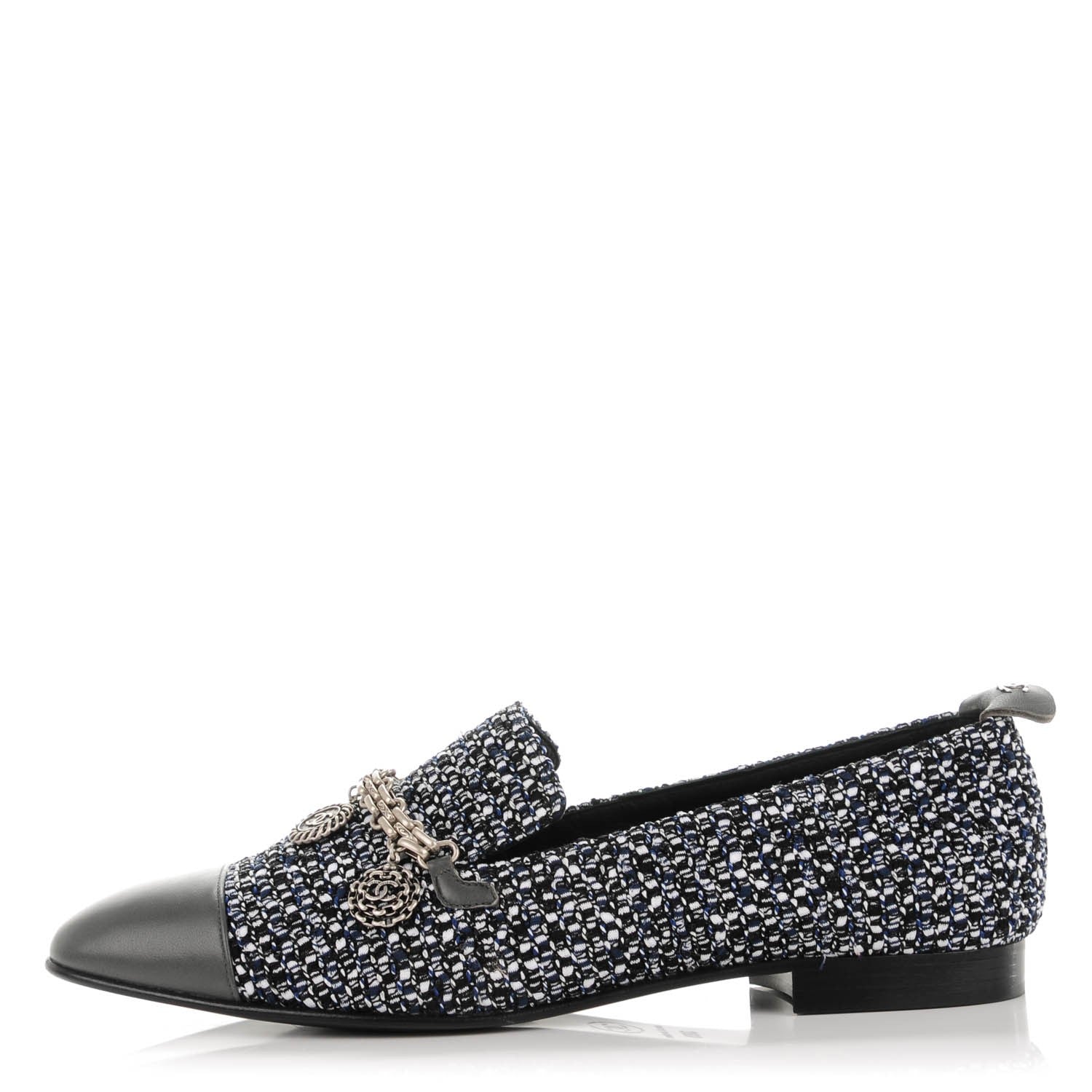 Chanel Tweed Lambskin Cap Toe Charm Loafers 38.5 Black Multicolor 1 of 8