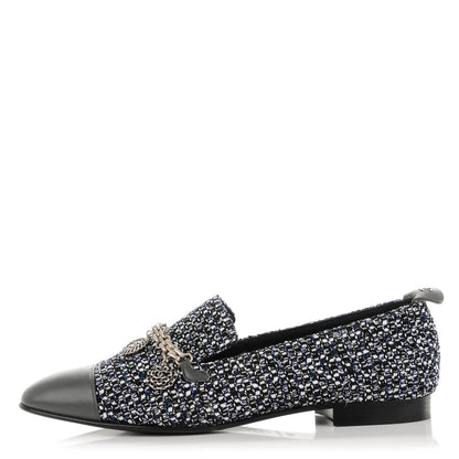 Chanel Tweed Lambskin Cap Toe Charm Loafers 38.5 Black Multicolor 1 of 8