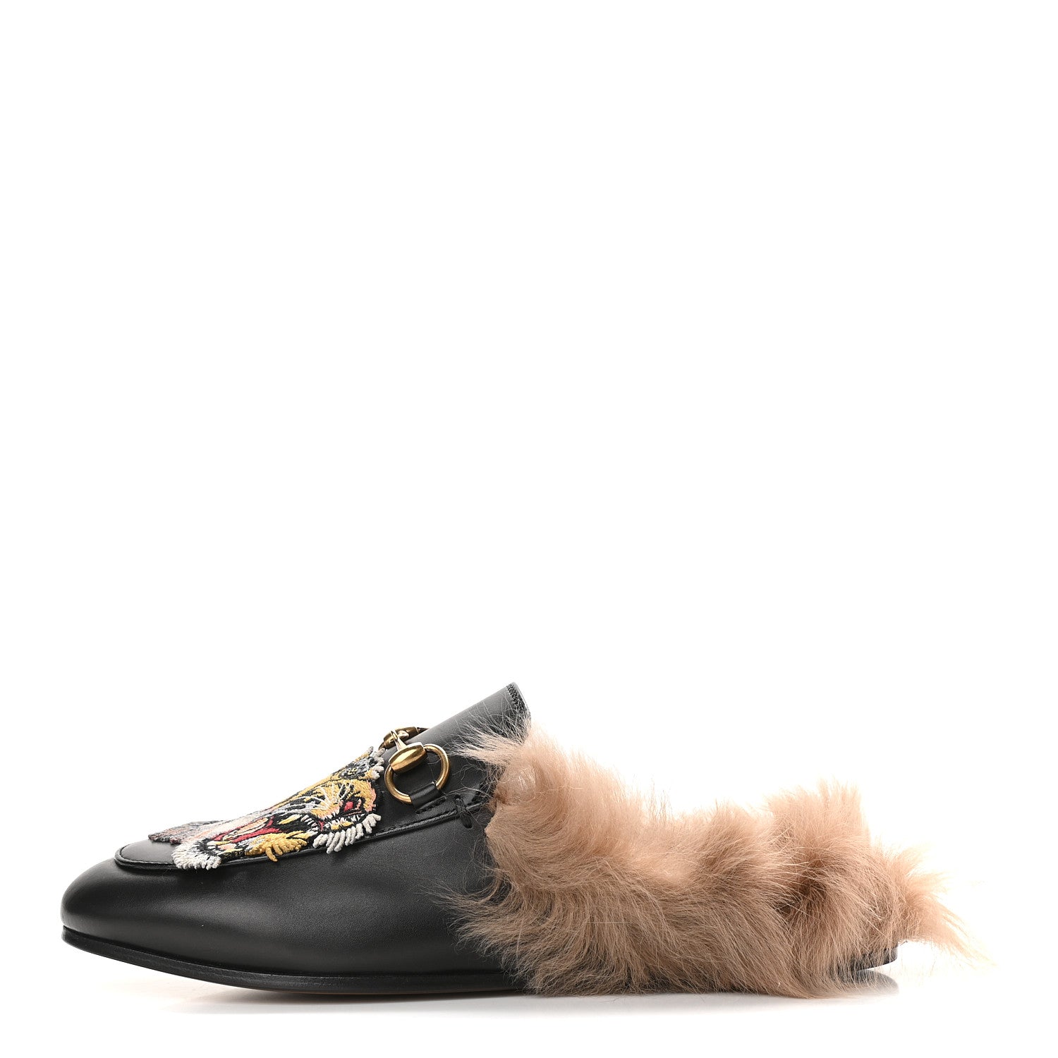 Gucci Calfskin Fur Tiger Embroidered Womens Princetown Slippers 35 Black 1 of 7