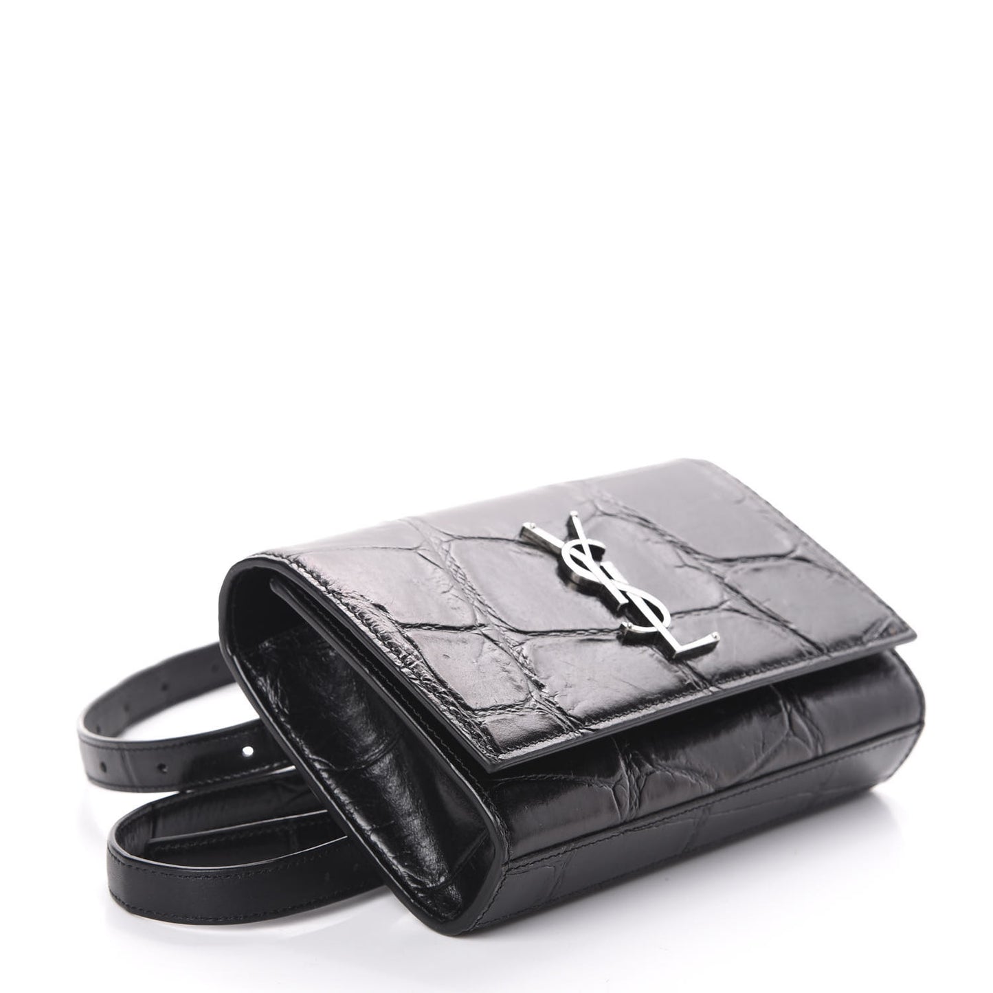 Calfskin Crocodile Embossed Monogram Kate Belt Bag Black